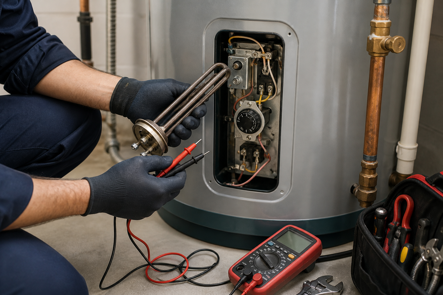 Plumber testing a residential water heater heating element and thermostat